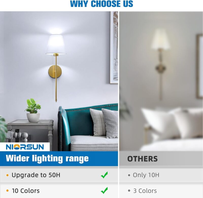 NIORSUN Battery Operated Wall Sconce Set of 2,Gold Rechargeable Wall Lights with 5200mAh Dimmable Bulbs and Remote,10 Colors Wireless Wall Lamps for Bedroom Living Room Hallway Decor - Image 8