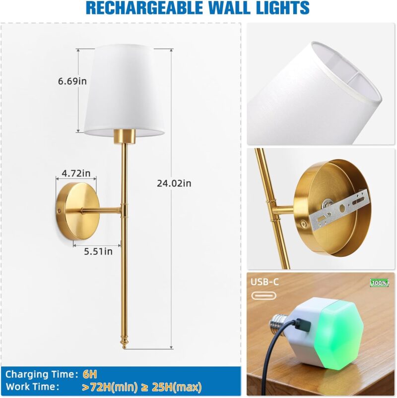 NIORSUN Battery Operated Wall Sconce Set of 2,Gold Rechargeable Wall Lights with 5200mAh Dimmable Bulbs and Remote,10 Colors Wireless Wall Lamps for Bedroom Living Room Hallway Decor - Image 7