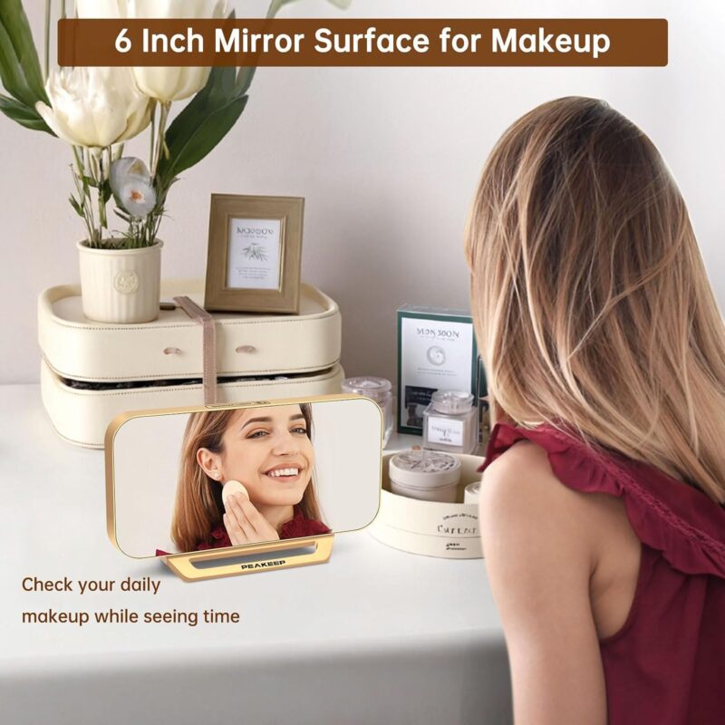 Peakeep Slim Digital Mirror Clock, Aesthetic Alarm Clock for Desk - Plug in Electric Clock Big LED Modern Decorative Small Table Clock for Office Living Room, Battery Backup, 6 Dimmers (Gold) - Image 3