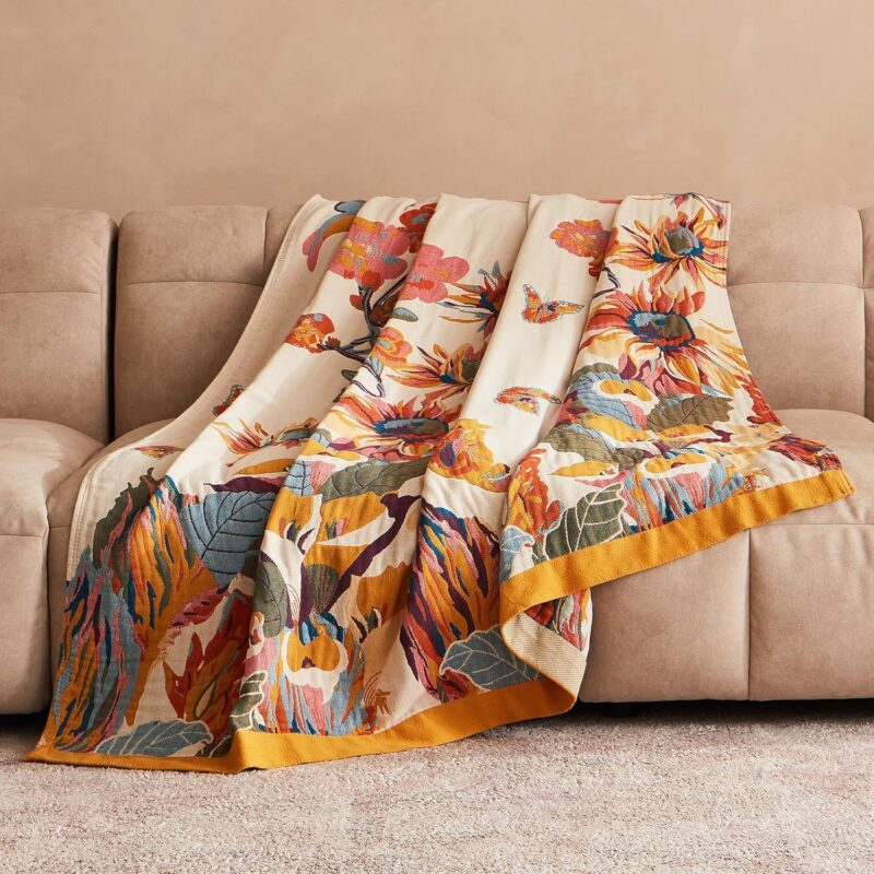 Boho Throw Blanket - 100% Cotton Ultra Soft Bed Throw Large - Fall Blanket Floral Bird and Butterfly Farmhouse Decor Bed Blankets,60"×80" All Season Blanket for Sofa Couch Chair - Image 7