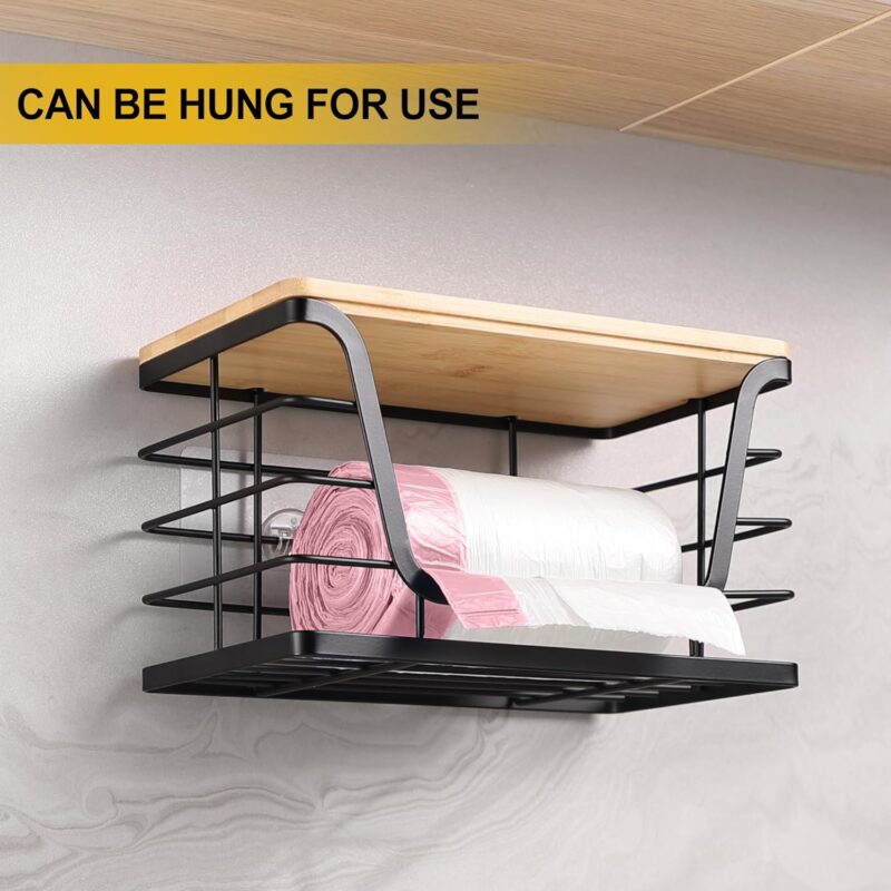 2 Pack Storage Stackable Kitchen Laundry Organizers with Bamboo Top, Wall Mount Large Trash Bag Holder and Standard Garbage Bag Dispenser - Image 3