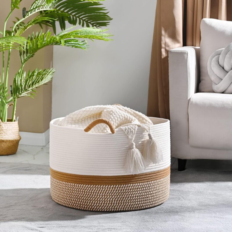 KAKAMAY Large Blanket Basket (20"x13"),Woven Baskets for storage Baby Laundry Hamper, Cotton Rope Blanket Basket for Living Room, Laundry, Nursery, Pillows, Baby Toy chest (White/Brown) - Image 2