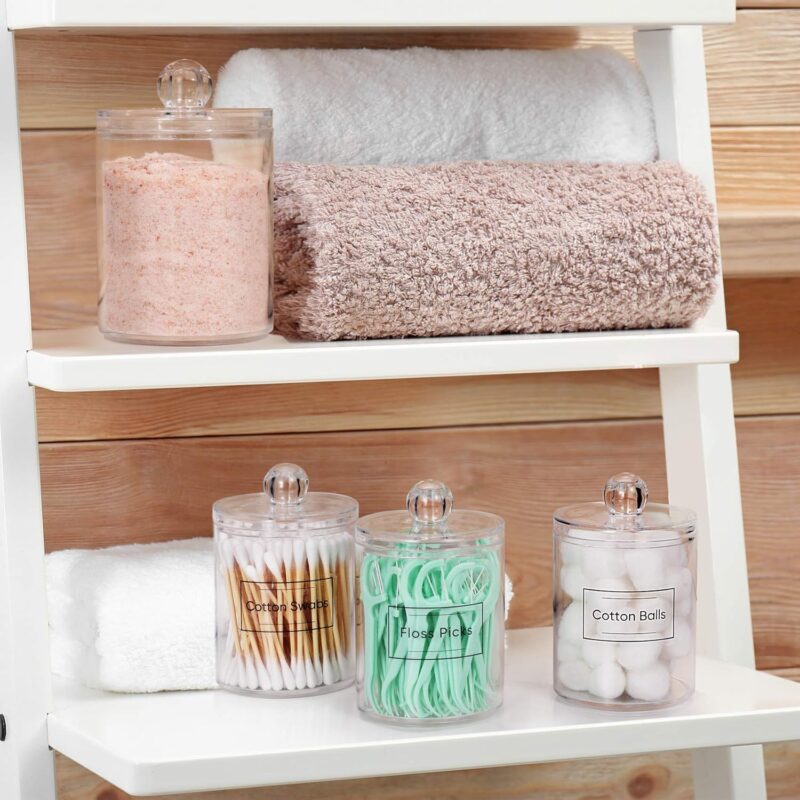 4 Pack Acrylic Qtip Holder Dispenser for Cotton Swabs, Balls, Pads, Floss Picks- Small Clear Plastic Canister Apothecary Jar Set, Bathroom Essentials Accessories Decor, Vanity Makeup Storage Organizer - Image 6