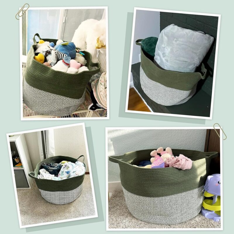 INDRESSME Large Laundry Storage Basket, 21.7 x 13.8 Blanket Baskets for Organizing Decorative Rope Basket Living Room Bedroom Nursery Toy Storage Basket for Colthes Towel, Empty Gift Basket, Green - Image 4