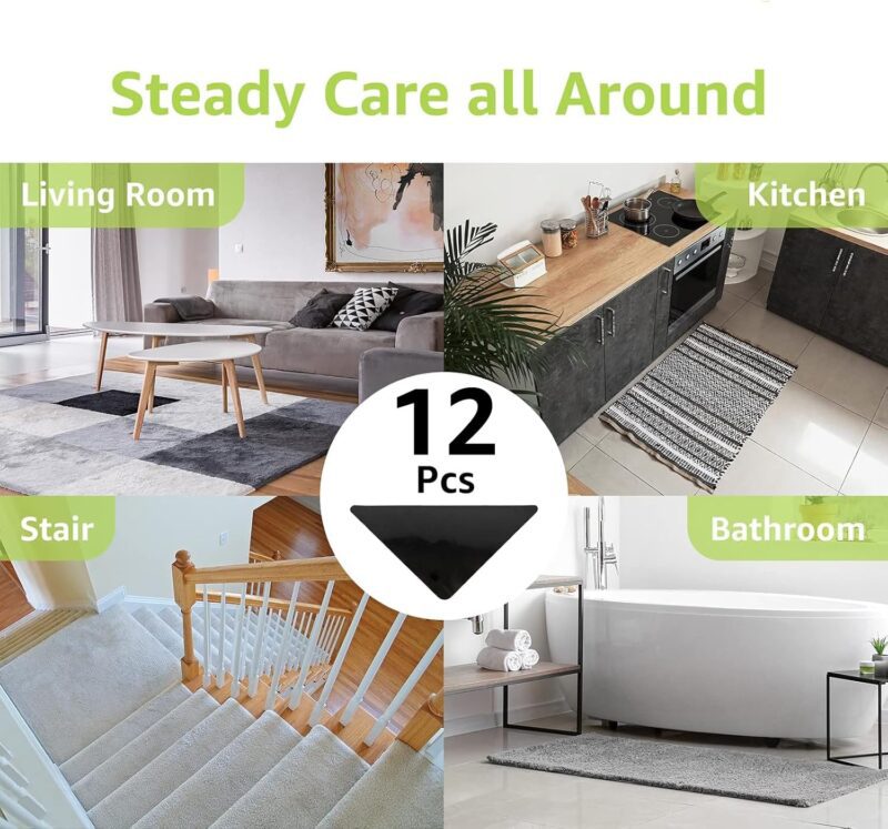 Rabenda 12 Pcs Rug Tape, Non Slip Rug Pads Grippers for Hardwood Floors and Tiles, Reusable Carpet Tape for Area Rugs, Double-Sided Adhesive Rug Stickers Keep Corners Flat (Black) - Image 4