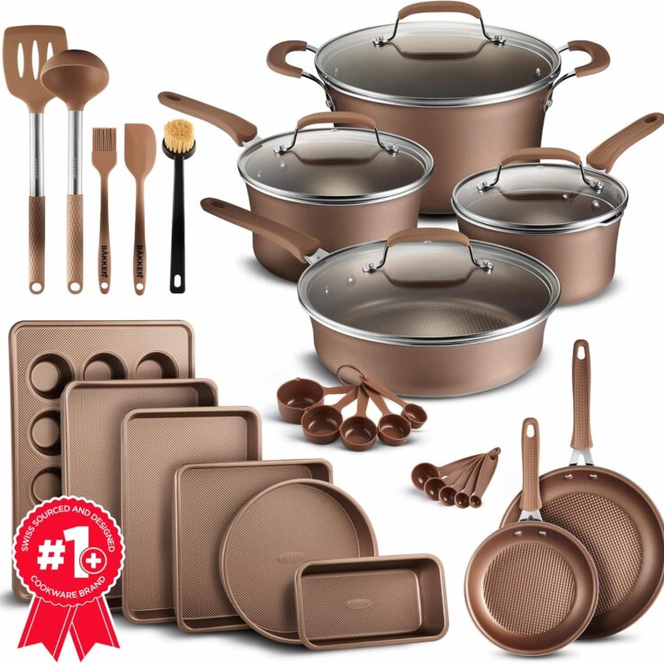 Cookware Set – 23 Piece –Gold Multi-Sized Cooking Pots with Lids, Skillet Fry Pans and Bakeware – Reinforced Pressed Aluminum Metal - Suitable for Gas, Electric, Ceramic and Induction by BAKKEN Swiss