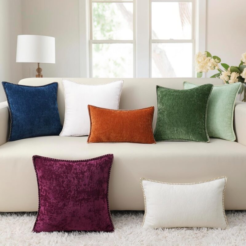 decorUhome Chenille Soft Spring Throw Pillow Covers 18x18 Set of 2, Farmhouse Velvet Decorative Pillow Covers with Stitched Edge for Couch Sofa Bed, Forest Elf - Image 5