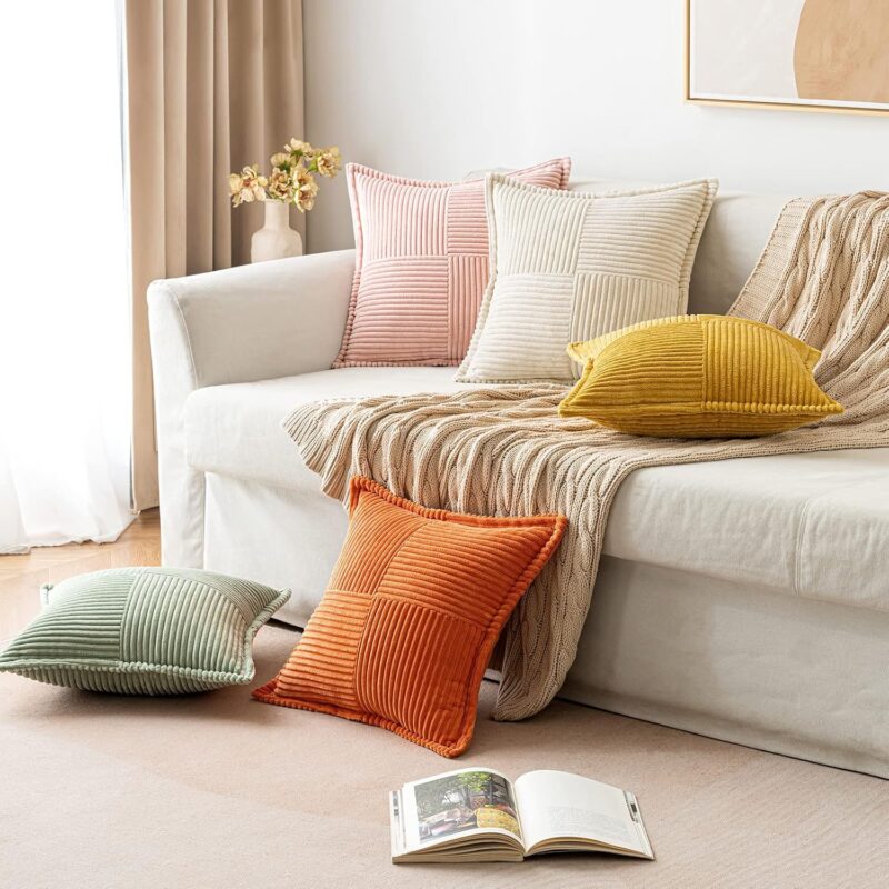 MIULEE Corduroy Pillow Covers with Splicing Set of 2 Super Soft Boho Striped Pillow Covers Broadside Decorative Spring Throw Pillows for Couch Cushion Livingroom 18x18 inch, Beige - Image 4