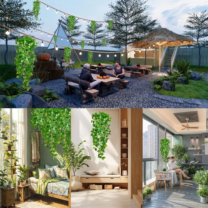 Fake Hanging Plants Vines(2pcs) for Room Decor, Artificial Ivy Greenery Garlands for Home Bedroom Living Aesthetic Kitchen Office Wall Patio Bookshelf,Indoor,Outdoor Farmhouse Decorations(No Basket) - Image 6