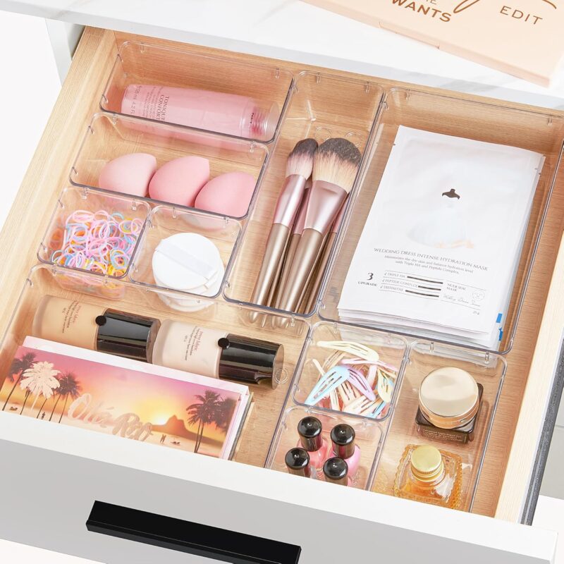 Vtopmart 25 PCS Clear Plastic Drawer Organizers Set, 4-Size Versatile Bathroom and Vanity Drawer Organizer Trays, Storage Bins for Makeup, Bedroom, Kitchen Gadgets Utensils and Office - Image 8