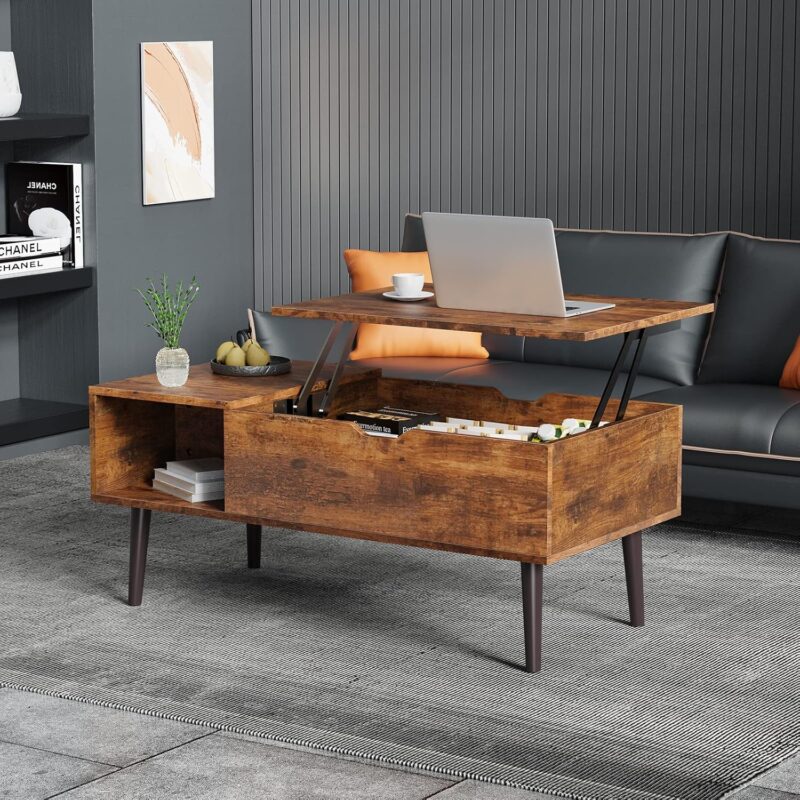 Sweetcrispy Coffee Table, Lift Top Coffee Tables for Living Room, Small Rising Wooden Dining Center Tables with Storage Shelf and Hidden Compartment, Brown - Image 2