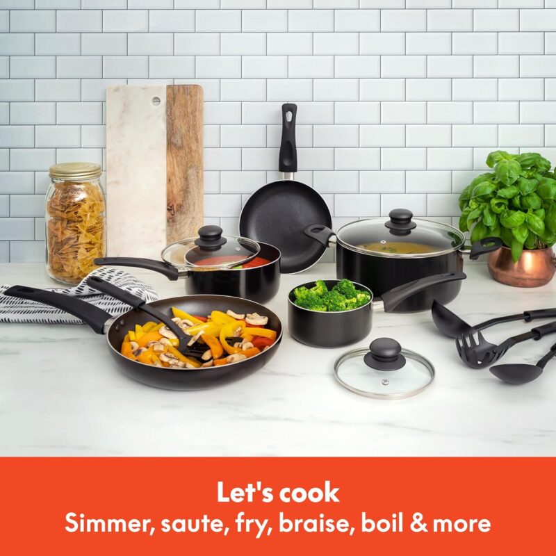 bella Cookware Set, 12 Piece Pots and Pans with Utensils, Nonstick PFOA Free Scratch Resistant Cooking Surface Compatible with All Stoves, Nylon and Aluminum, Black - Image 4
