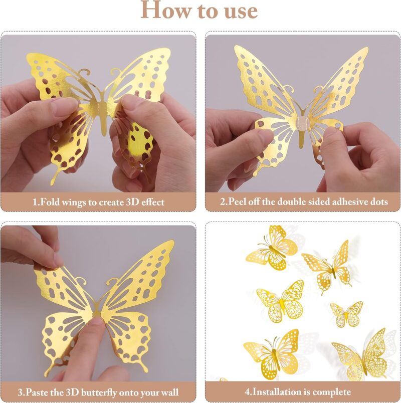 SAOROPEB 3D Butterfly Wall Decor - 48 Pcs, 4 Styles, 3 Sizes, Gold Butterfly Decorations for Birthday & Party Celebrations, Removable Stickers - Image 6