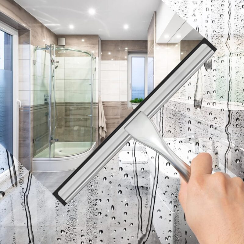 All-Purpose Stainless Steel Shower Squeegee for Shower Glass Door with 2 Adhesive Hooks, Bathroom Cleaner Tool Household Window Mirror Squeegee , Cleaning Tile Wall, Car, 10 Inch Silver - Image 3