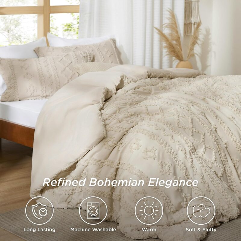 Bedsure Tufted Boho Comforter Set Queen Size - Beige Boho Bed Set, GentleSoft™ 3 Pieces Farmhouse Shabby Chic Embroidery Bedding, Gifts for Woman, Soft Jacquard Queen Comforter for All Seasons - Image 2