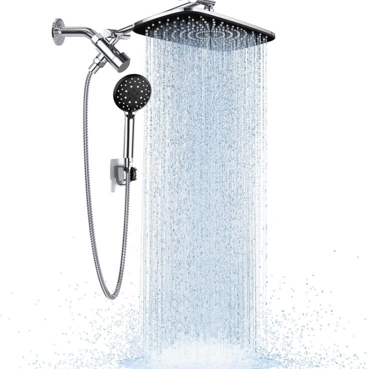 Veken Wide Rain Shower Head with 6 Modes Handheld Water Spray，High Pressure Showerhead Combo with Arm for Bathroom Accessories，Home Decor Adjustable Dual Shower with Anti-Clog Nozzles,Silver Chrome