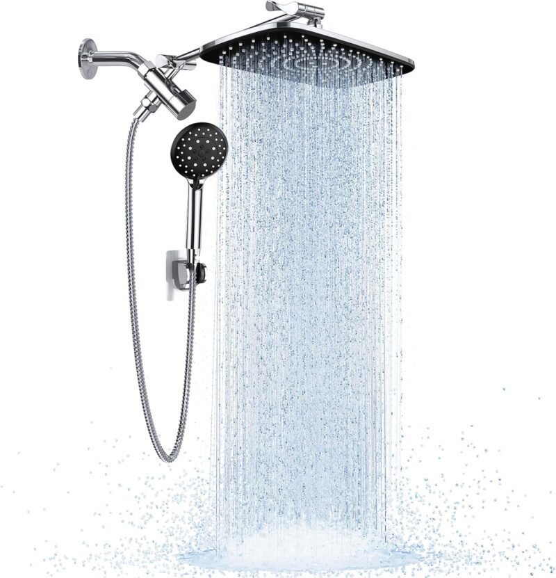 Veken Wide Rain Shower Head with 6 Modes Handheld Water Spray，High Pressure Showerhead Combo with Arm for Bathroom Accessories，Home Decor Adjustable Dual Shower with Anti-Clog Nozzles,Silver Chrome