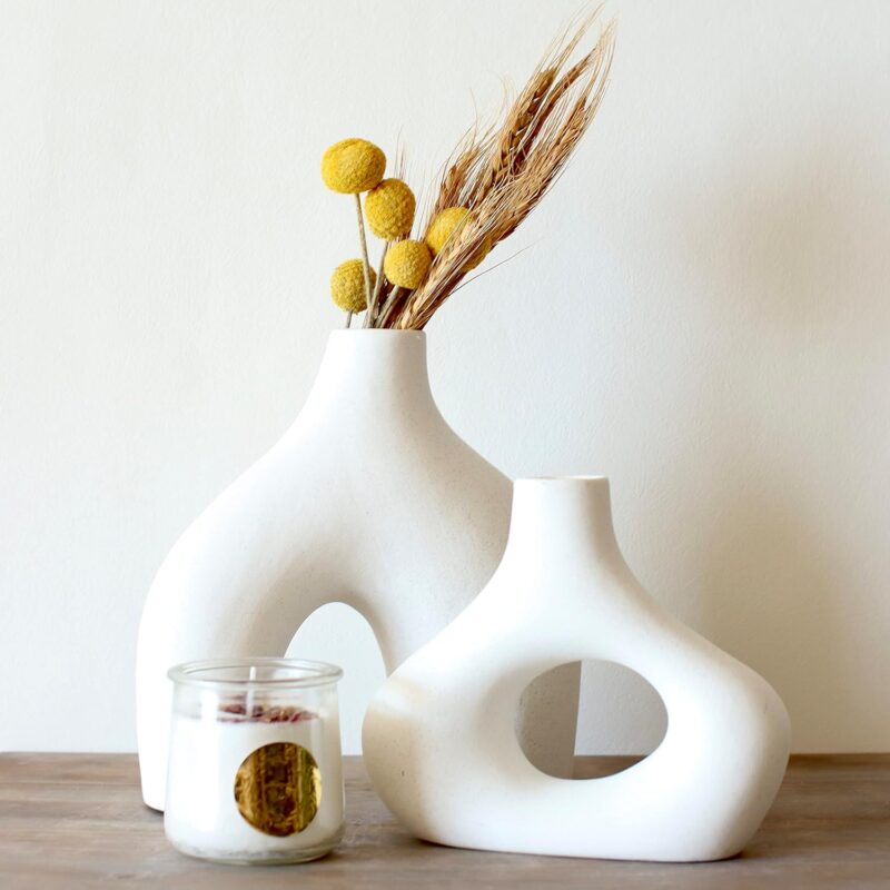 Carrot's Den Donut Vase, Set of 2 - Minimalist Nordic, White Ceramic Hollow Donut Vase Decor | Table Centerpiece, Olive Plant, Wedding, Living Room, Bookshelf, Office, Modern Home, Entryway, Console - Image 9