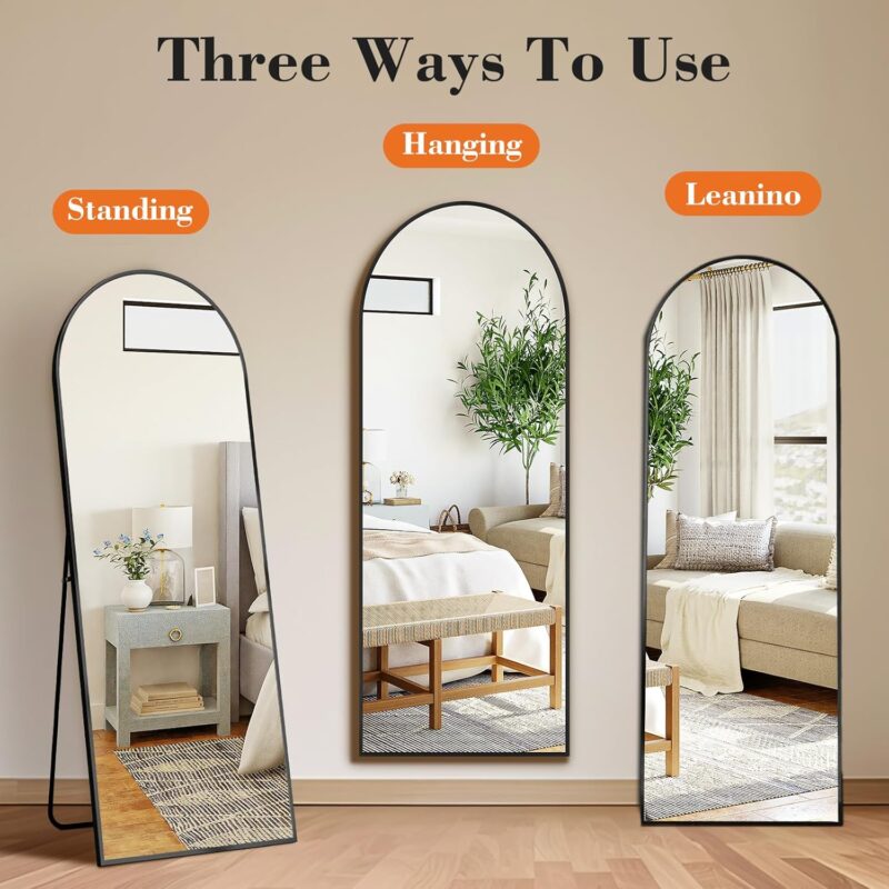 DUMOS Arched Full Length Mirror with Stand 64"x21" Floor Standing Aluminum Frame for Bedroom Body Hanging Leaning Modern Simple Home Decor Shatter-proorf Nano Glass Wall Living Room Cloakroom Black - Image 2