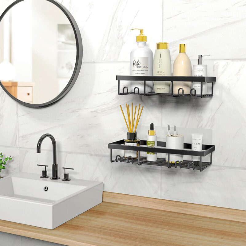 Moforoco Shower Caddy Shelf Organizer Rack, Self Adhesive Black Bathroom Shelves Basket, Home Farmhouse Wall Inside Organization and Storage Decor Rv Accessories, First Camper Apartment Essentials - Image 6