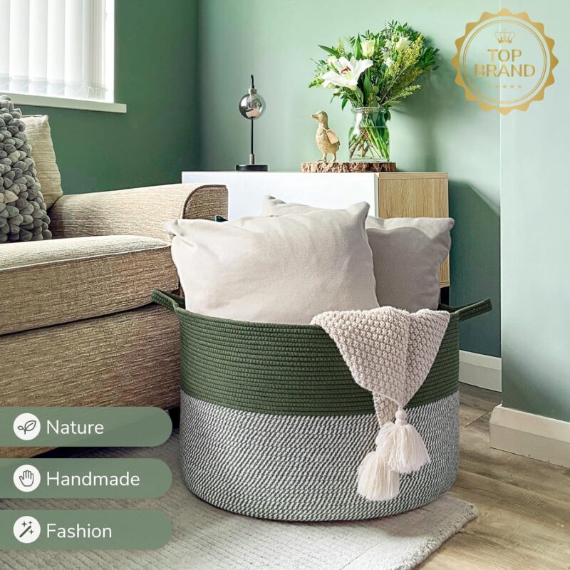 INDRESSME Large Laundry Storage Basket, 21.7 x 13.8 Blanket Baskets for Organizing Decorative Rope Basket Living Room Bedroom Nursery Toy Storage Basket for Colthes Towel, Empty Gift Basket, Green - Image 7