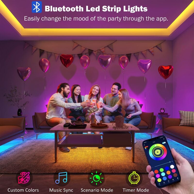 Led Lights for Bedroom 100 ft (2 Rolls of 50ft) Music Sync Color Changing RGB Led Strip Lights with Remote App Control Bluetooth Led Strip, Lights for Room Home Kitchen Party Decor - Image 2