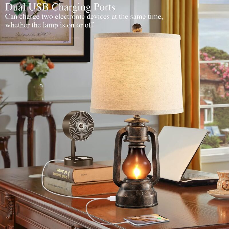 RORIANO Farmhouse Lantern Table Lamps for Living Room Set of 2, Vintage Bedroom Resin Lamp with Dual USB Charging Ports, Rustic Retro Bedside Nightstand Desk Lamp, Linen Fabric Shade, 4 Bulb Included - Image 2