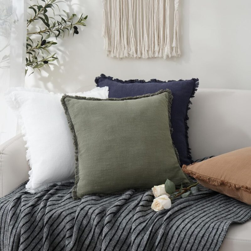 Foindtower Set of 2 Decorative Linen Fringe Throw Pillow Covers Cozy Boho Farmhouse Cushion Cover with Tassels Soft Accent Pillowcase for Couch Sofa Bed Living Room Home Decor,18×18 Inch,Olive Green - Image 5