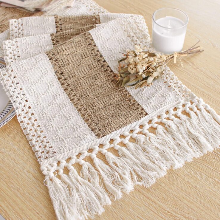 FEXIA Boho Table Runner for Christmas Home Decor with Tassels 72 Inches Long Farmhouse Rustic Table Runner Macrame Burlap Table Decoration for Living Room Bridal Shower(12x72 Inches)