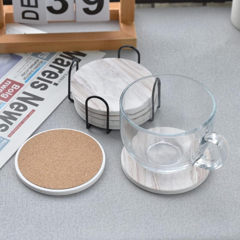 6Pcs Drink Coasters with Holder, Marble Style Ceramic Drink Coaster, Absorbent Coasters Set Suitable for Kinds of Cups, Modern Style Coasters for Coffee Table, 4 Inches - Image 7