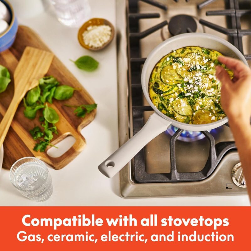 bella 7 Piece Cookware Set with EverGood™ Ceramic Nonstick Coating​, Dishwasher Safe Oven Safe, All Stovetops Compatible, Glass Lids with Silicone Rims, Cool Touch Handles, Oatmilk - Image 8