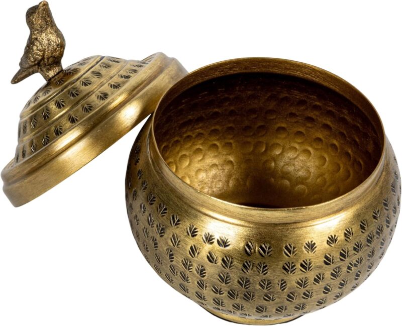 Creative Co-Op, Brass Round Hammered Metal Container with Bird Finial, Finish - Image 7