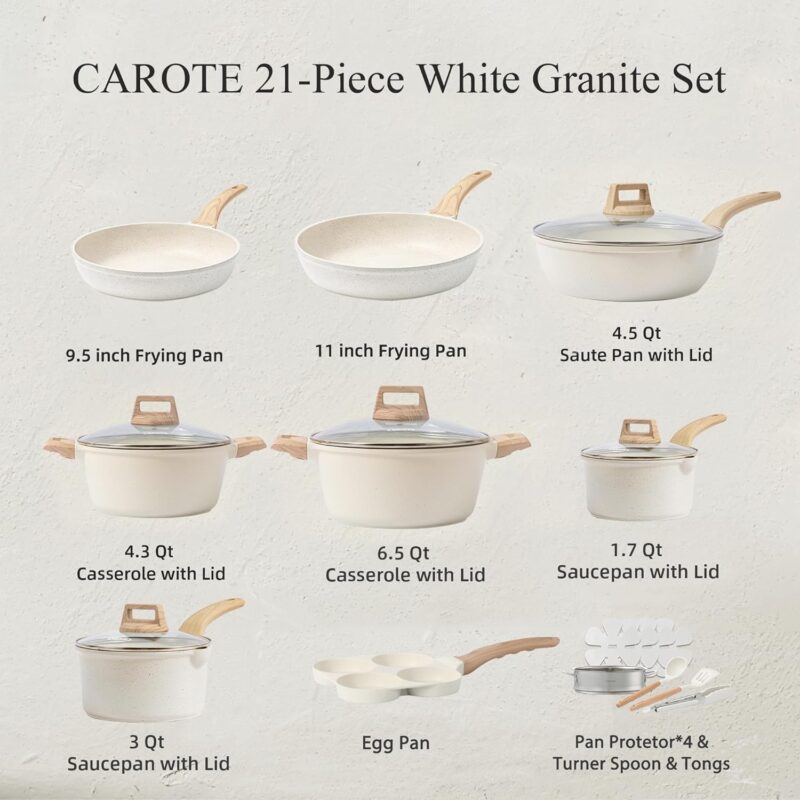 CAROTE 21Pcs Pots and Pans Set, Nonstick Cookware Sets, White Granite Induction Cookware Non Stick Cooking Set w/Frying Pans & Saucepans(PFOS, PFOA Free) - Image 2