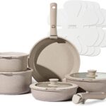 CAROTE 15pcs Pots and Pans Set, Nonstick Cookware Set Detachable Handle, Induction Kitchen Cookware Sets Non Stick with Removable Handle, RV Cookware Set, Oven Safe, Taupe
