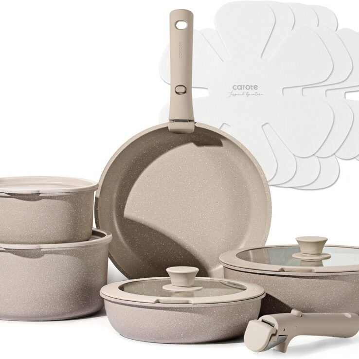 CAROTE 15pcs Pots and Pans Set, Nonstick Cookware Set Detachable Handle, Induction Kitchen Cookware Sets Non Stick with Removable Handle, RV Cookware Set, Oven Safe, Taupe