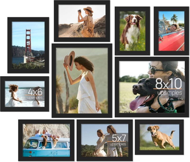 upsimples 10 Pack Picture Frames Collage Wall Decor for Mounting or Tabletop Display, Photo Gallery Frame Set for Family, Multi Sizes Including 8x10, 5x7, 4x6, Black