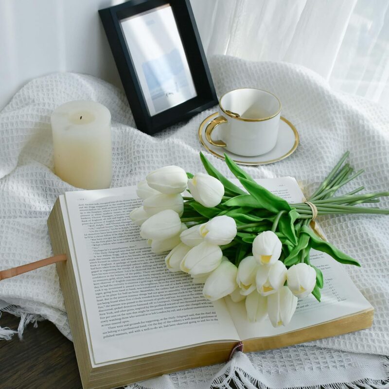 Mandy's 20pcs White Artificial Tulip Silk Fake Flowers 13.5" for Spring Mother's Day Easter Gifts in Bulk Home Kitchen Wedding Decorations - Image 3