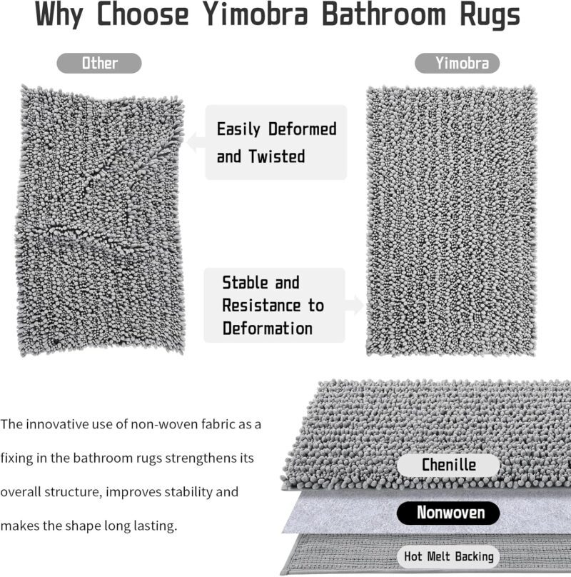 Yimobra Bathroom Rug Mat 24 x 17, Extra Soft Non Slip Absorbent Water Bath Rug, Quick Dry Machine Washable Chenille Shaggy Shower Mat, Bath Mat for Bathroom Floor, Home Decor Accessories, Grey - Image 7