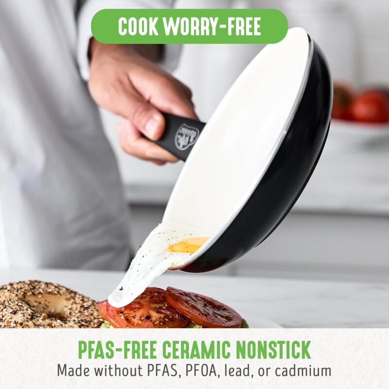 GreenLife Soft Grip 16 Piece Cookware Set, Non-Toxic PFAS-Free Ceramic Nonstick, Frying, Sauce, Saute, Utensils, Glass Lids, Stay-Cool Handles, Wobble Free, Dishwasher & Oven Safe, Black and Cream - Image 2