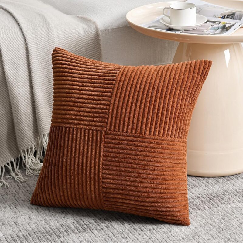 Fancy Homi 2 Packs Rust Boho Decorative Throw Pillow Covers 18x18 Inch for Couch Bed Sofa, Farmhouse Fall Home Decor, Soft Corss Corduroy Patchwork Textured Terracotta Accent Cushion Case 45x45 cm - Image 2