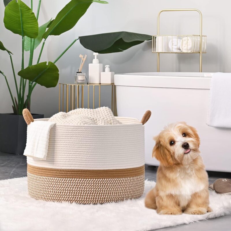 KAKAMAY Large Blanket Basket (20"x13"),Woven Baskets for storage Baby Laundry Hamper, Cotton Rope Blanket Basket for Living Room, Laundry, Nursery, Pillows, Baby Toy chest (White/Brown) - Image 3