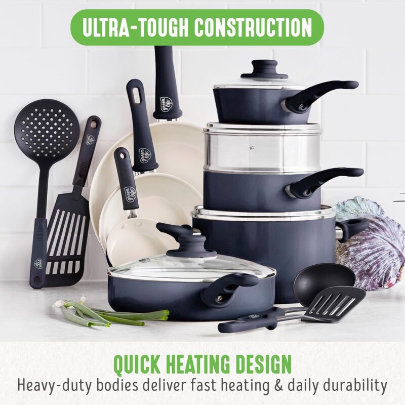 GreenLife Soft Grip 16 Piece Cookware Set, Non-Toxic PFAS-Free Ceramic Nonstick, Frying, Sauce, Saute, Utensils, Glass Lids, Stay-Cool Handles, Wobble Free, Dishwasher & Oven Safe, Black and Cream - Image 5