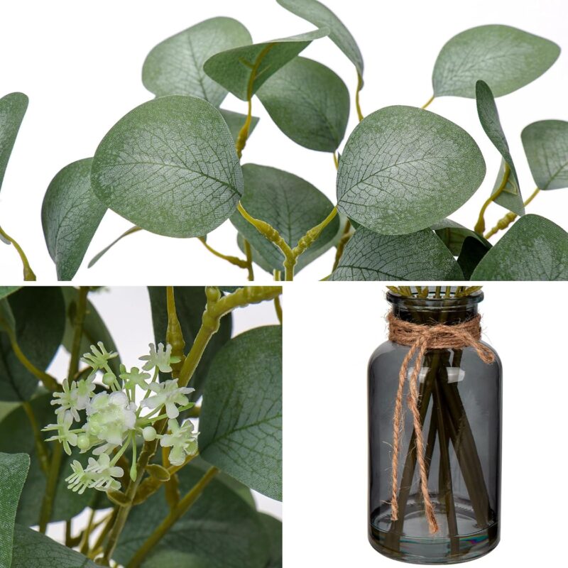 Briful Artificial Eucalyptus Stems in Black Glass Vase with Faux Water, 14" Fake Plant Eucalyptus Leaves for Home Office Farmhouse Wedding Centerpiece Décor - Image 5