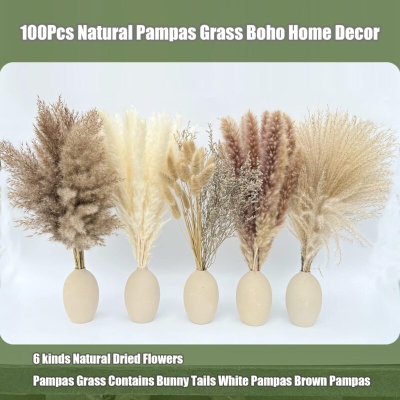 100Pcs Pampas Grass Boho Home Decor 17 inch Natural Dried Flowers-Pampas Grass Contains Bunny Tails White Pampas Brown Pampas.Boho Decor for Farmhouse Wedding Boho Wall Bathroom Office Kitchen… - Image 3