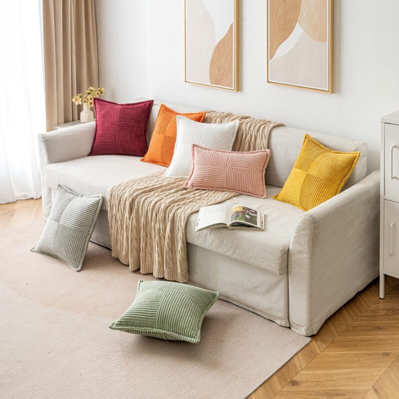 MIULEE Corduroy Pillow Covers with Splicing Set of 2 Super Soft Boho Striped Pillow Covers Broadside Decorative Spring Throw Pillows for Couch Cushion Livingroom 18x18 inch, Beige - Image 8