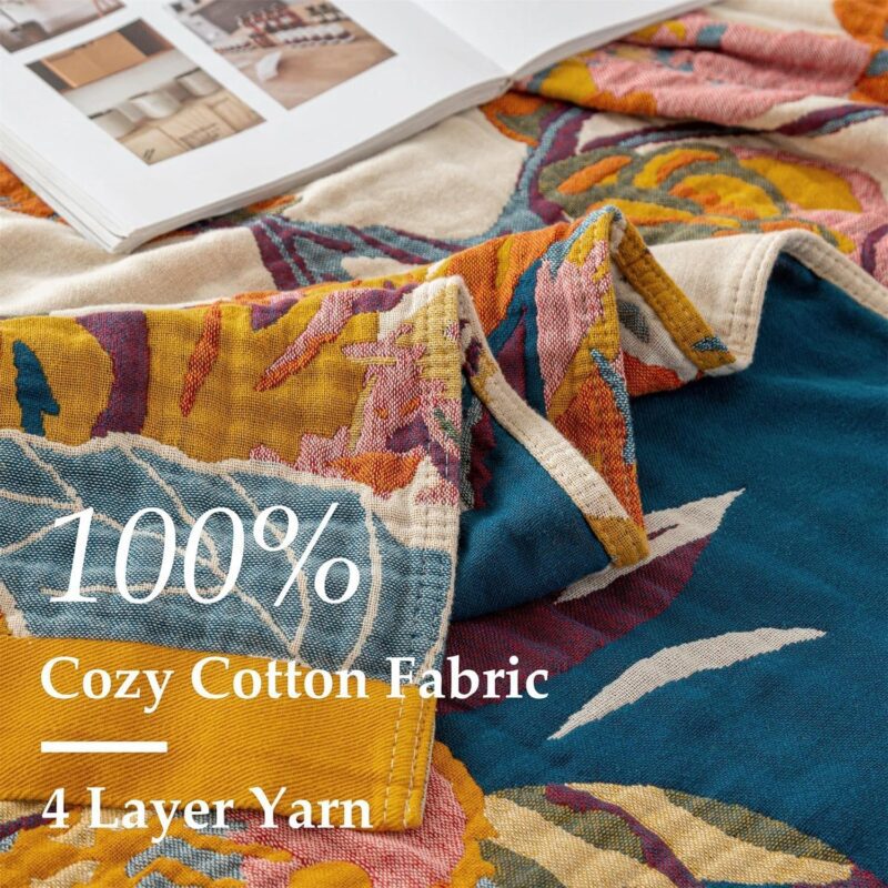 Boho Throw Blanket - 100% Cotton Ultra Soft Bed Throw Large - Fall Blanket Floral Bird and Butterfly Farmhouse Decor Bed Blankets,60"×80" All Season Blanket for Sofa Couch Chair - Image 6