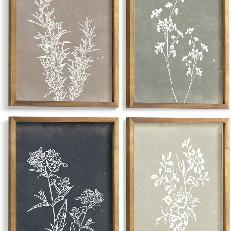 Framed Boho Wall Art Set of 4 for Wooded Minimalist Botanical Print Wall Art for Rustic Vintage Farmhouse Home Kitchen Wall Decor (Brown, 8"x10")