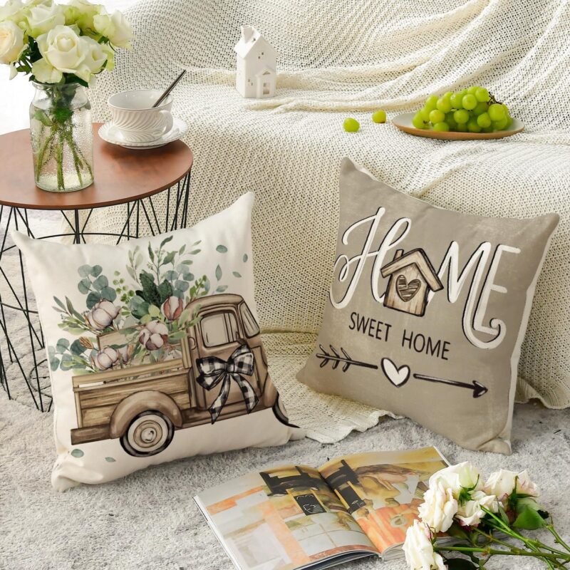 AVOIN colorlife Bless Our Home Farmhouse Eucalyptus Leaves Throw Pillow Covers, 18 x 18 Inch Truck Home Sweet Home Cushion Case Decorations Set of 4 - Image 4