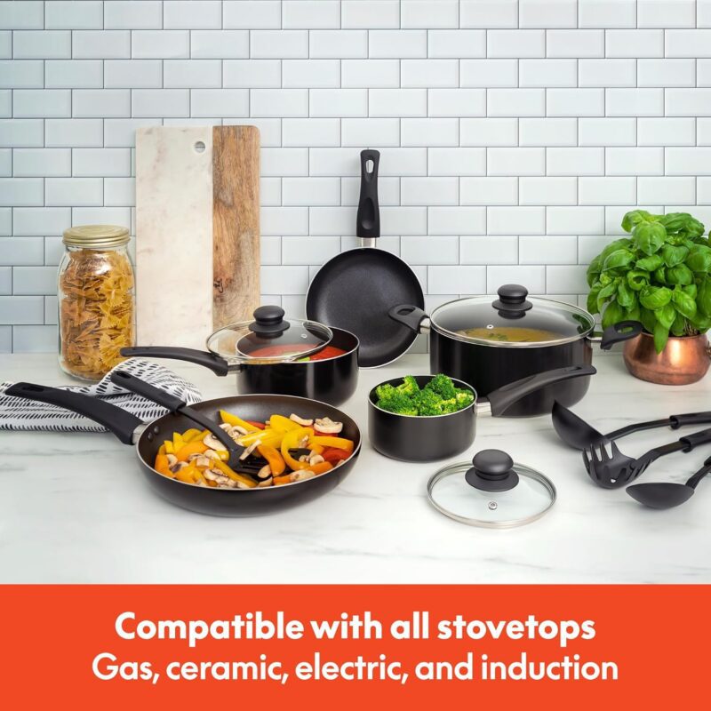 bella Cookware Set, 12 Piece Pots and Pans with Utensils, Nonstick PFOA Free Scratch Resistant Cooking Surface Compatible with All Stoves, Nylon and Aluminum, Black - Image 8