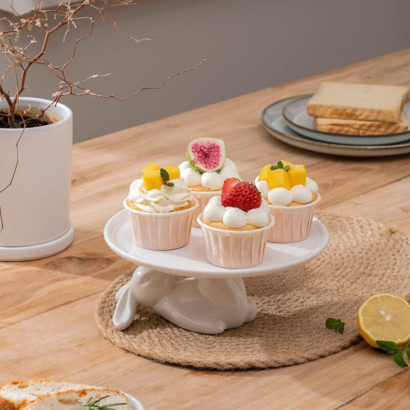 LA JOLIE MUSE Cupcake Stand, Easter Decorations, Ceramic Dessert Plates for Eggs and Cookies, Bunny Candy Dish Gifts, 8.3 Inch White - Image 3